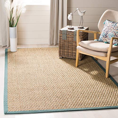 Safavieh Natural Fiber Collection NF114M Basketweave Natural and Light Blue Summer Seagrass Square Area Rug (8' Square)