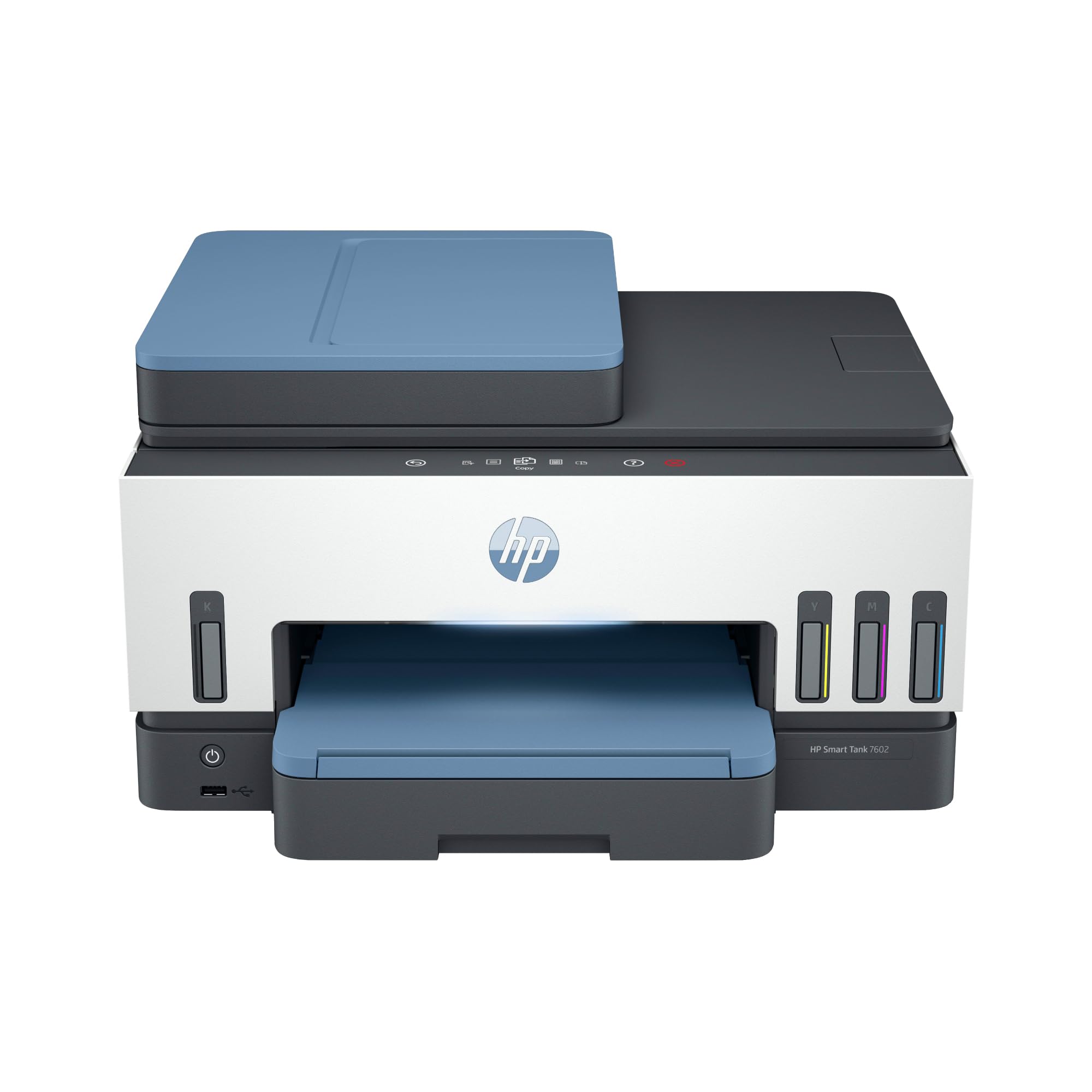 HP Smart -Tank 7602 Wireless Cartridge-free all in one printer, up to 2 years of ink included, mobile print, scan, copy, fax, auto doc feeder, featuring an app-like magic touch panel (28B98A)