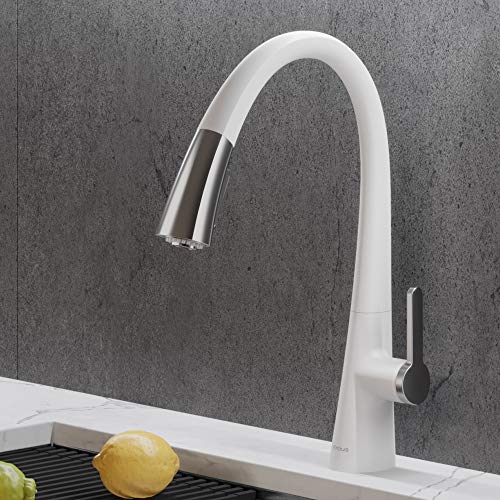 Kraus KPF-1673CHWH Nolen Dual Function Pull, Faucets for Kitchen Sinks, Single-Handle, Matte White/Chrome Finish