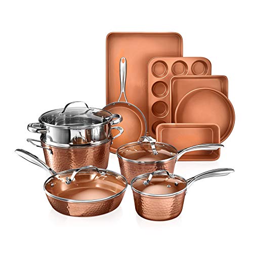 Gotham Steel Hammered Copper Collection - 15 Piece Premium Cookware & Bakeware Set with Nonstick Coating, Aluminum Composition- Includes Fry Pans, Stock Pots, Bakeware Set & More, Dishwasher Safe