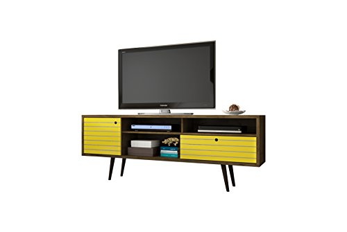 Manhattan Comfort Liberty Collection Mid Century Modern TV Stand With Three Shelves, One Cabinet and One Drawer With Splayed Legs, Yellow/Wood