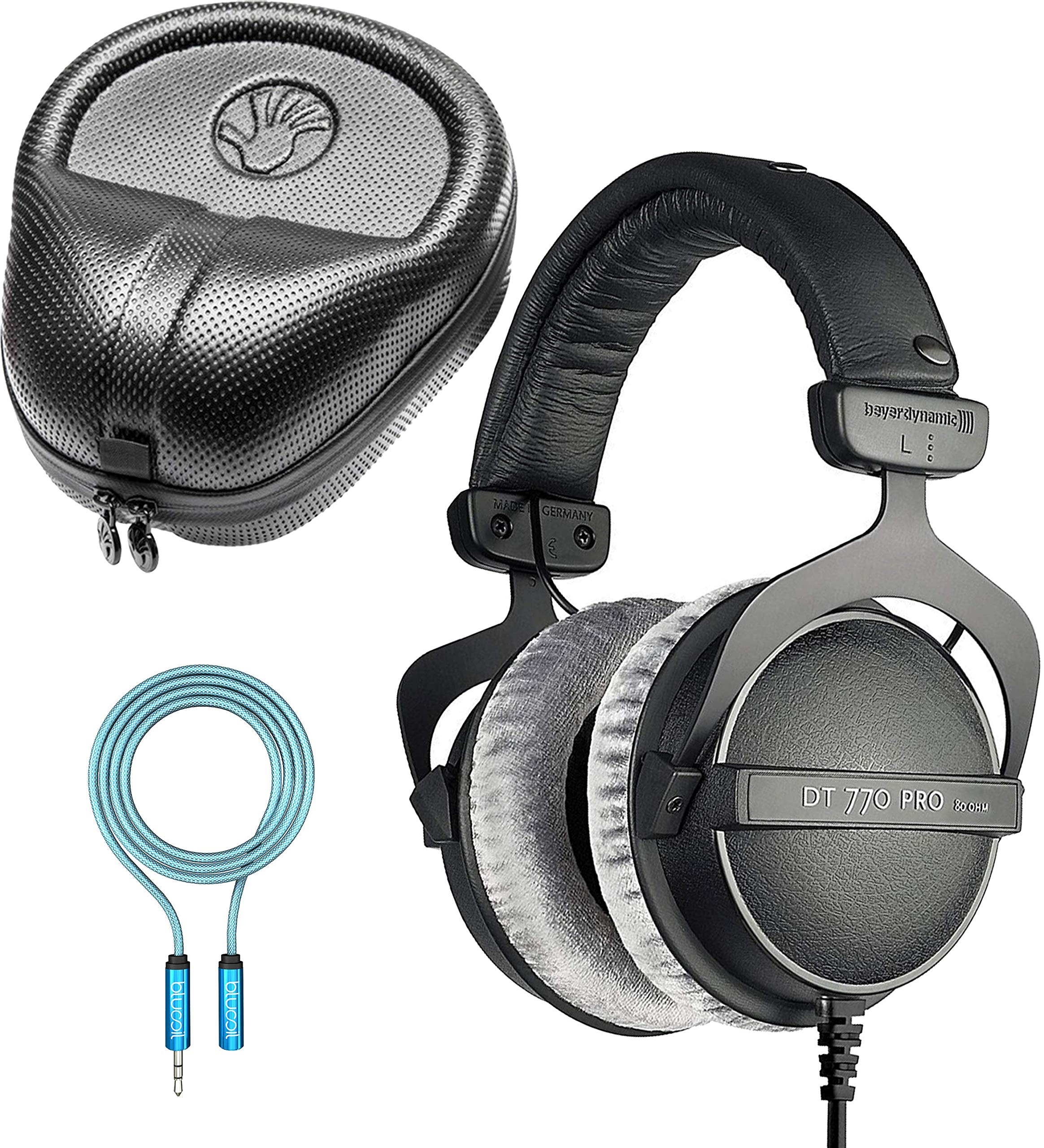Blucoil Beyerdynamic DT 770 PRO 80 Ohm Over-Ear Studio Headphones in Gray for Smartphones & Computers Bundle with  6' 3.5mm Headphone Extension Cable, and Slappa Full-Sized HardBody PRO Headphone Case