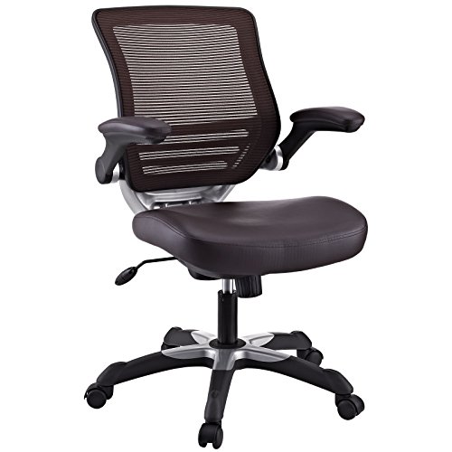 Modway Edge Mesh Back and White Vegan Leather Seat Office Chair With Flip-Up Arms-Computer Desks in Brown