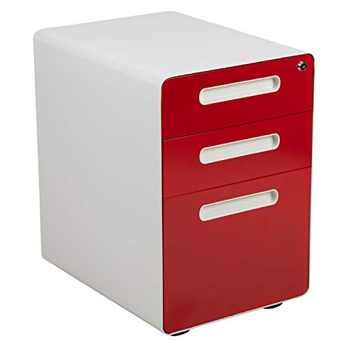 Flash Furniture Ergonomic 3-Drawer Mobile Locking Filing Cabinet with Anti-Tilt Mechanism & Letter/Legal Drawer, White with Red Faceplate