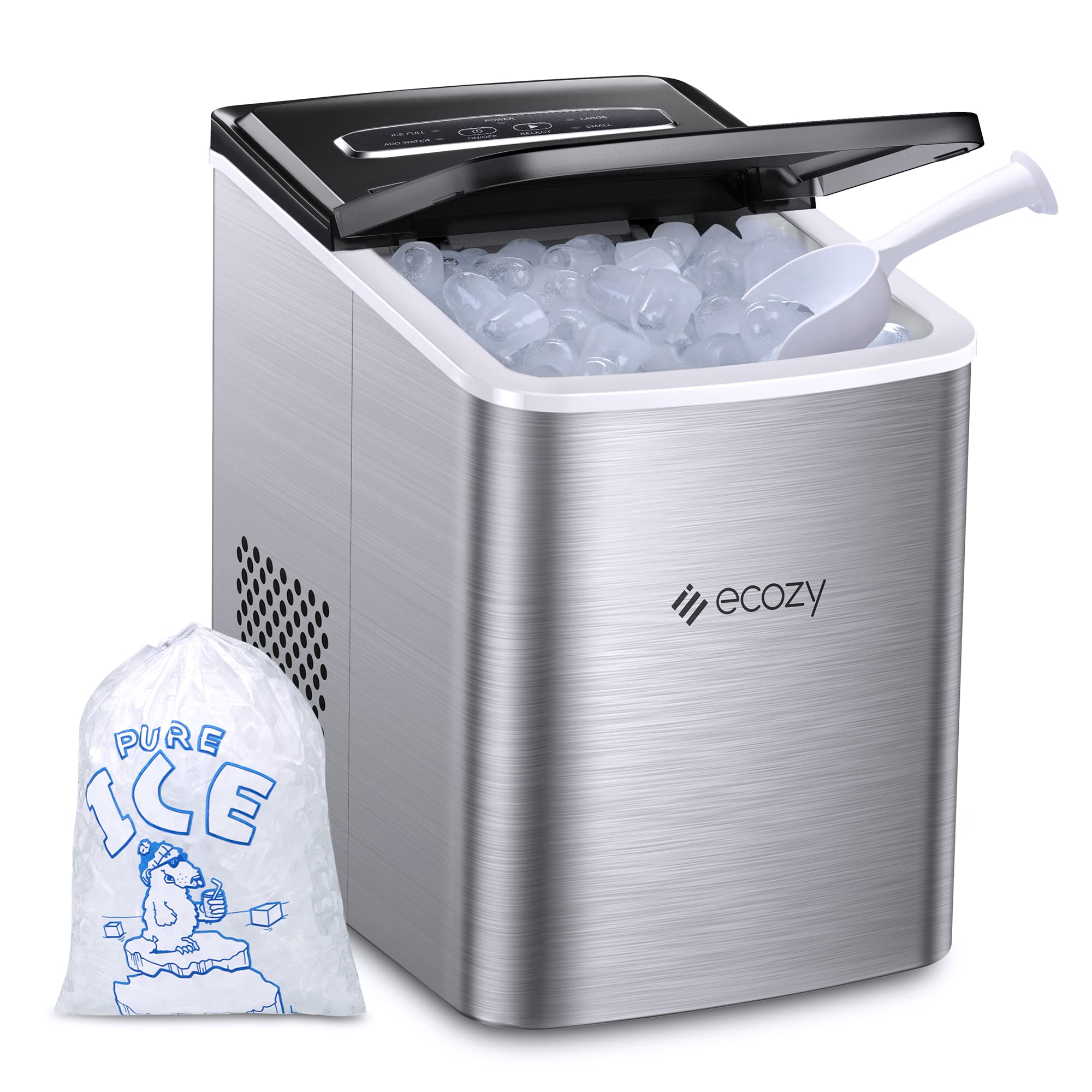 ecozy Portable Ice Maker Countertop, 9 Cubes Ready in 6 Mins, 26.5 lbs in 24 Hours, Self-Cleaning Ice Maker Machine with Ice Bags/Ice Scoop/Ice Basket for Home Kitchen Office Bar Party, Silver