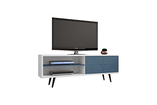 Manhattan Comfort Liberty Collection Mid Century Modern TV Stand With One Cabinet and Two Open Shelves With Splayed Legs, Wood/Blue