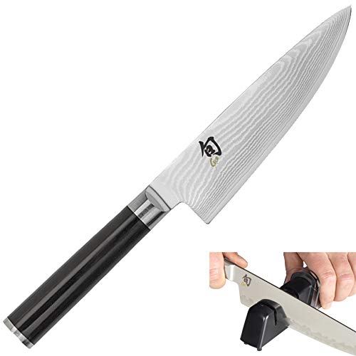 Shun DM0723 Classic Stainless-Steel Chef's Knife, 6-Inch & Kai Diamond and Ceramic Retractable Knife Sharpener (Bundle)
