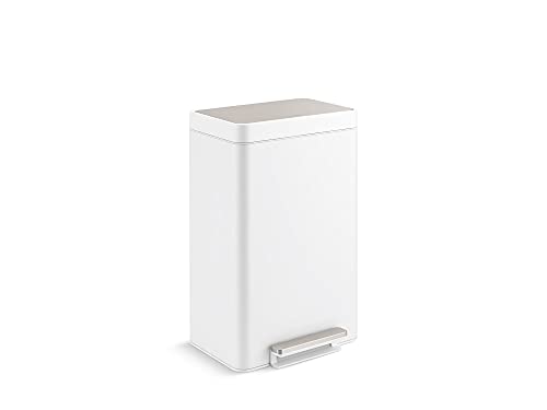 KOHLER 11 Gallon Hands-Free Dual Compartment Recycling Kitchen Step Can, Trash Can with Foot Pedal, Quiet-Close Lid, White Stainless Steel, K-20956-STW