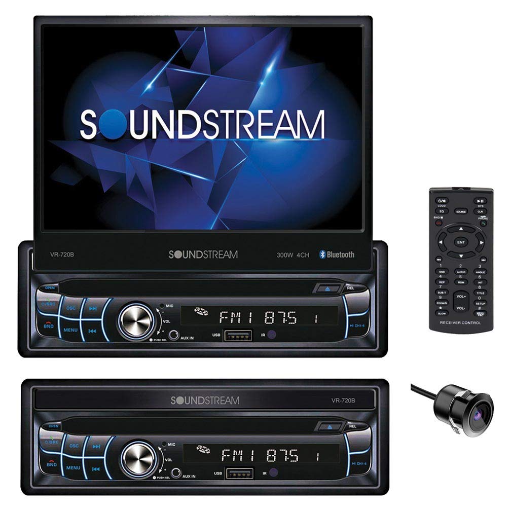 Soundstream VR-720B Single DIN Car Stereo DVD/CD Bluetooth Multimedia Player with Motorized 7 Inch Flip Up Touchscreen and Built In Amplifier