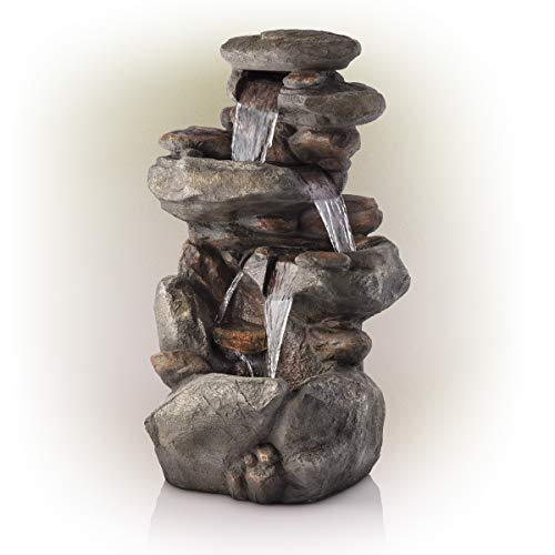 Alpine Corporation 4-Tier Rock Water Fountain with LED Lights - Outdoor Water Fountain for Garden, Patio, Deck, Porch - Yard Art Decor