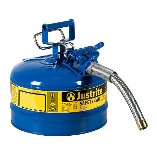 Justrite Type II AccuFlow Steel Safety Can for flammables, 2.5 gal, S/S Flame Arrester, 1" Metal Hose