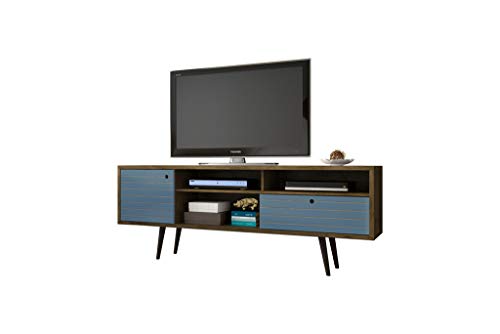 Manhattan Comfort Liberty Collection Mid Century Modern TV Stand With Three Shelves, One Cabinet and One Drawer With Splayed Legs, Wood/Blue