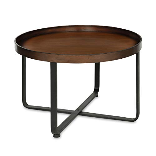 Kate and Laurel Zabel Modern Farmhouse Round Coffee Table with Black Wrought-Iron Criss Cross Base and White Oak Finished Wooden Insert