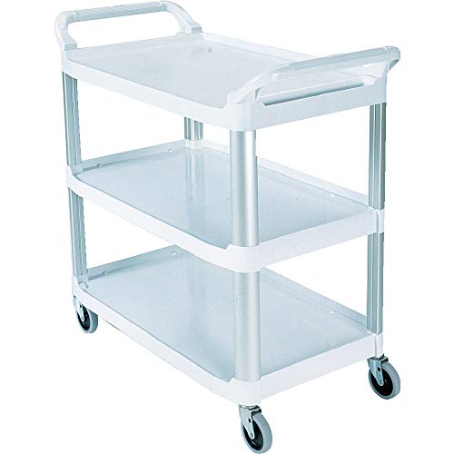 Rubbermaid Commercial Products Heavy Duty 3-Shelf Rolling Service/Utility/Push Cart, 300 lbs. Capacity, White, for Foodservice/Restaurant/Cleaning (FG409100OWHT)
