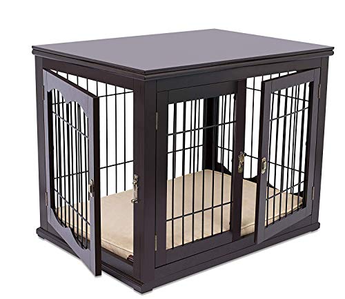 Internet's Best Decorative Dog Kennel with Pet Bed - Small Dog - Double Door - Wooden Wire Dog House - Large Indoor Pet Crate Side Table - Espresso