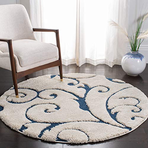 Safavieh Florida Shag Collection SG455-1165 Scrolling Vine Cream and Blue Graceful Swirl Round Area Rug (6'7