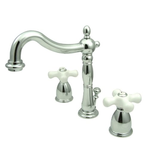 KINGSTON BRASS KB1971PX Heritage Widespread Lavatory Faucet with Porcelain Cross Handle, Polished Chrome,8-Inch Adjustable Center