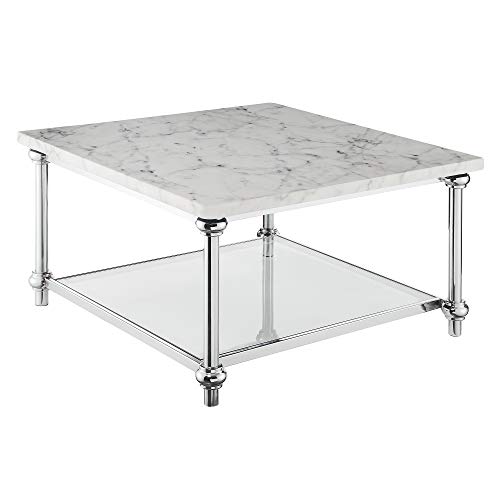 Convenience Concepts Roman II Square Coffee Table, Faux White Marble / Chrome