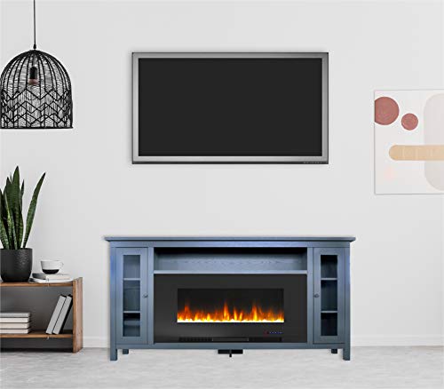 Cambridge Slate Blue Somerset 70 Electric Fireplace TV Stand with Multi-Color LED Flames, Crystal Rock Display, and Remote Control