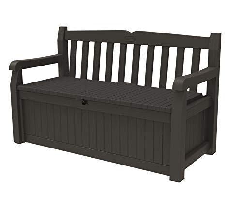 keter Solana 70 Gallon Storage Bench Deck Box for Patio Furniture, Front Porch Decor and Outdoor Seating - Perfect to Store Garden Tools and Pool Toys, Brown