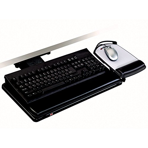 3M Keyboard Tray with Adjustable Keyboard and Mouse Platforms, Turn Knob to Adjust Height and Tilt, Swivels and Stores Under Desk, Gel Wrist Rest and Precise Mouse Pad, 17.75