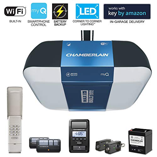 Chamberlain Group  B1381 Bright LED Lighting Smartphone-Controlled Ultra-Quiet and Strong Belt Drive Garage Door Opener with Battery Backup and Max Lifting Power, 1.25 hp, Blue