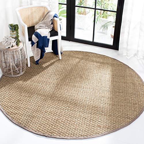 Safavieh Natural Fiber Collection NF114P Basketweave Natural and Grey Summer Seagrass Round Area Rug (7' Diameter)
