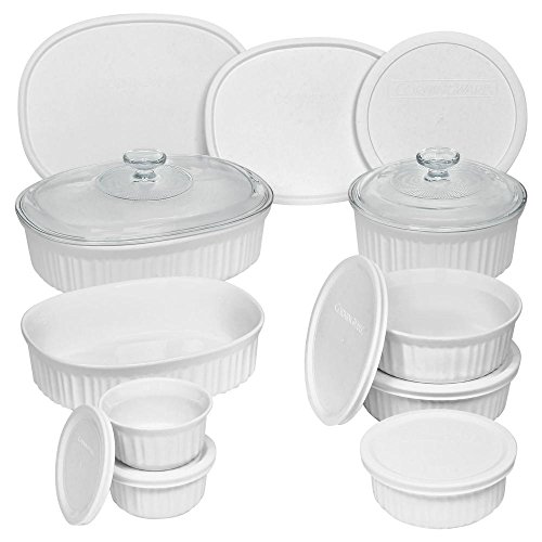 CorningWare French White Durable Non-Porous French White 18 Piece Ceramic Made and Oven and Microwave Safe Bakeware Set with Lid by CorningWare