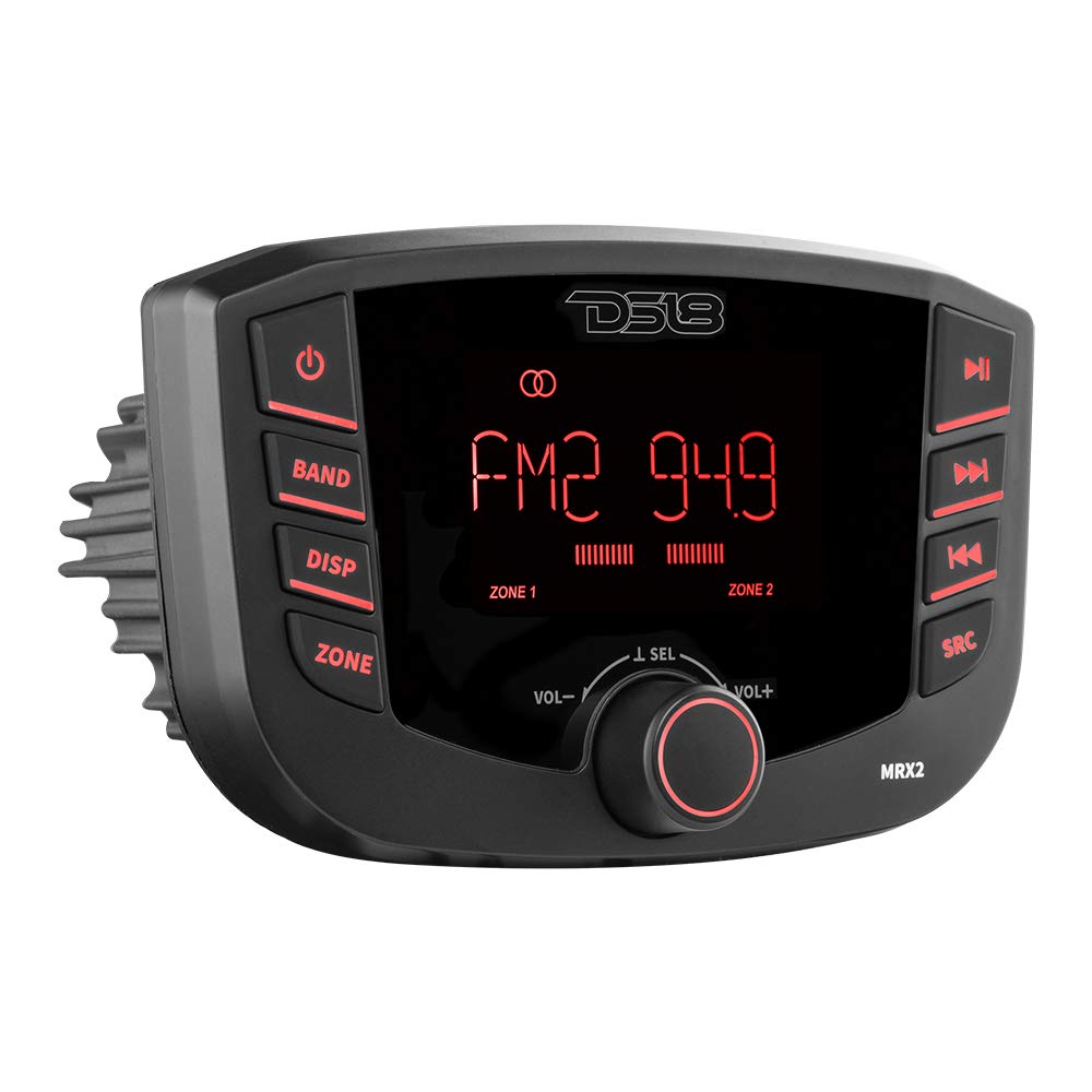 DS18 MRX2 Marine and Powersports Headunit Media Center Receiver with AM/FM Radio, USB and Bluetooth, LCD Screen , 2 Zones, 4 Volts Output, BT, RDS 4X40 Watts