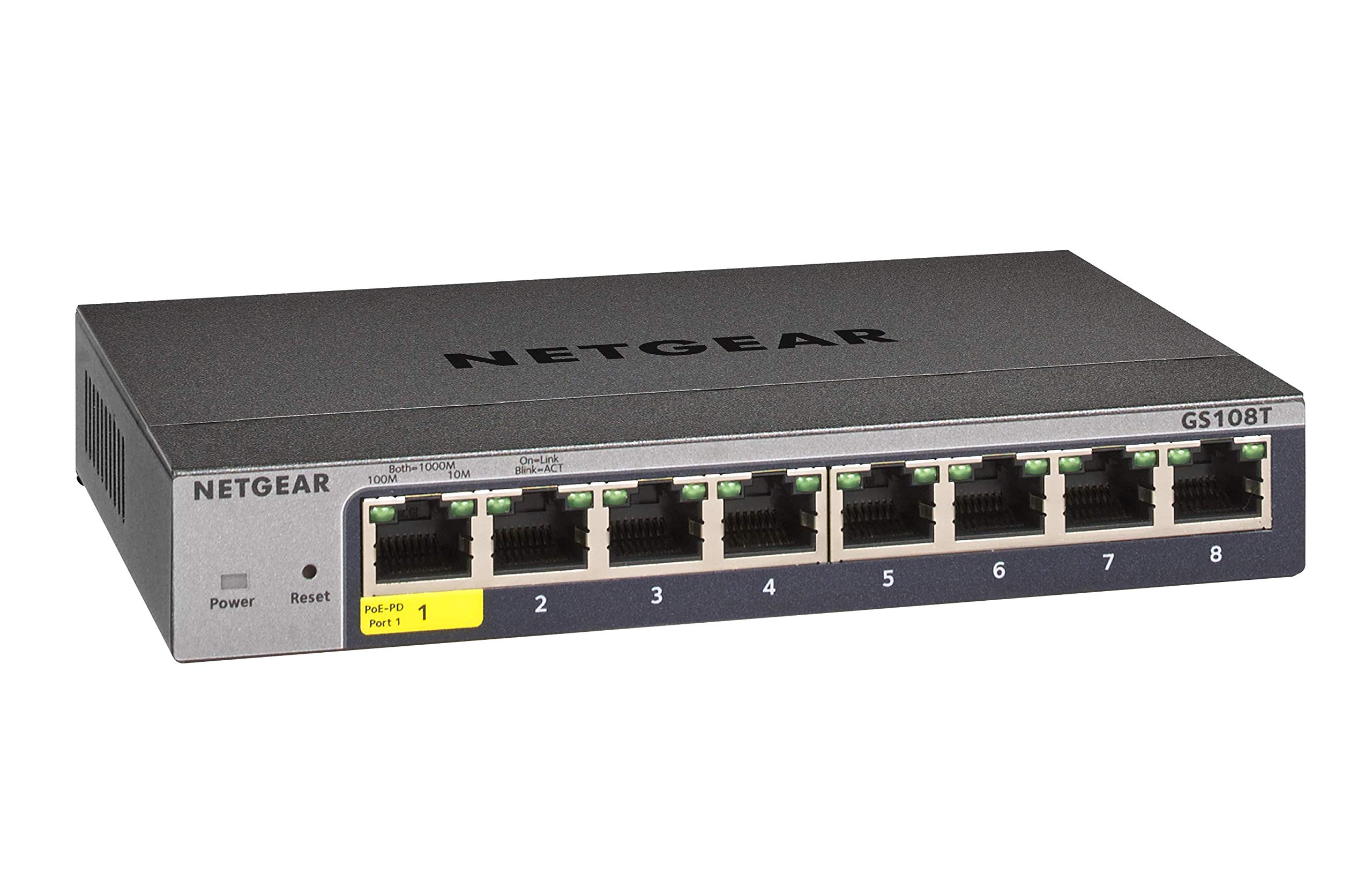 Netgear 8-Port Gigabit Ethernet Smart Switch (GS108T) - Managed, with 1 x PD Port, Optional Insight Cloud Management, Desktop or Wall Mount, Silent Operation, and Limited Lifetime Protection