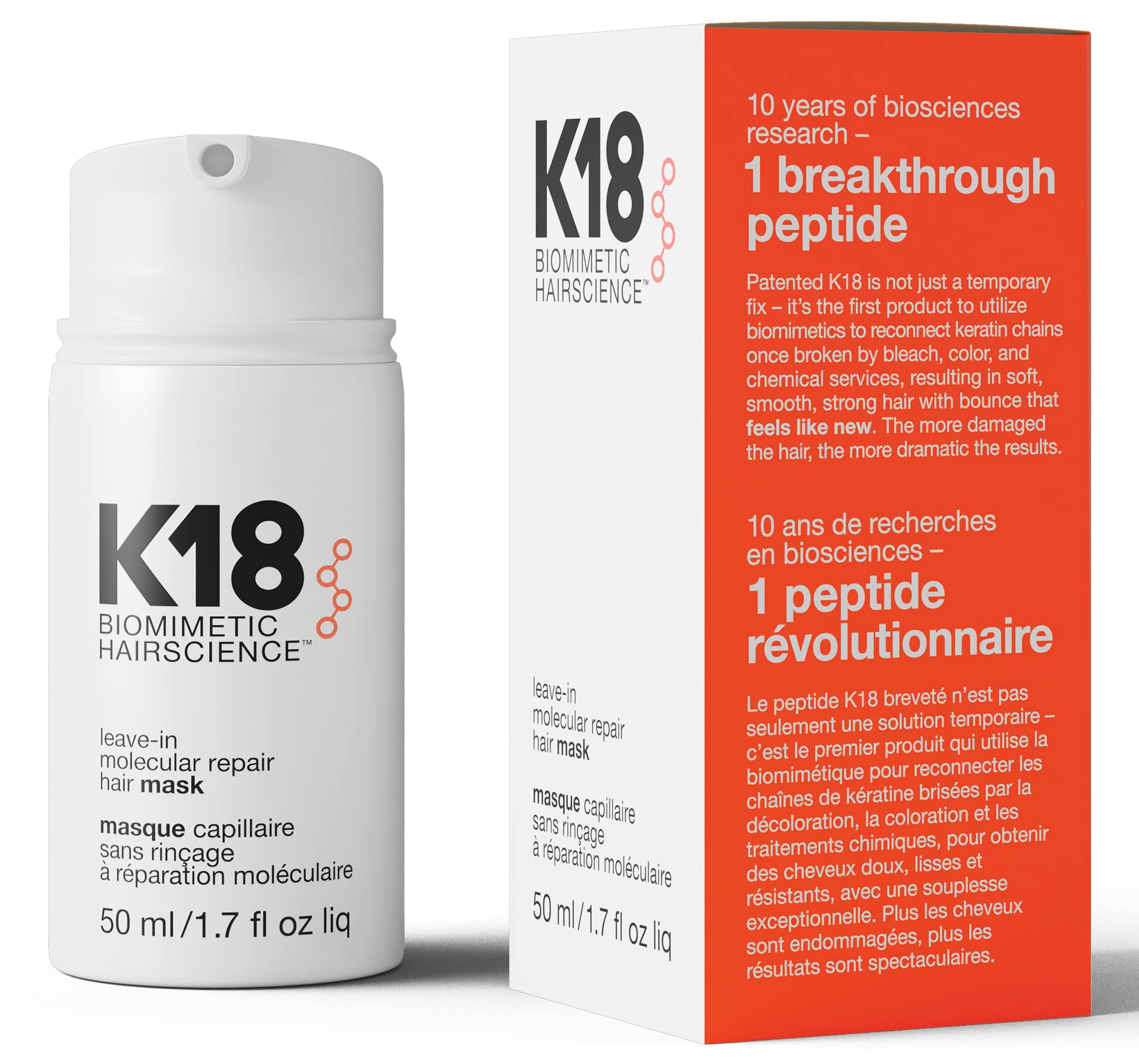 K18 Leave-In Repair Hair Mask Treatment to Repair Dry or Damaged Hair - 4 Minutes to Reverse Hair Damage from Bleach, Color, Chemical Services and Heat, 50 ml
