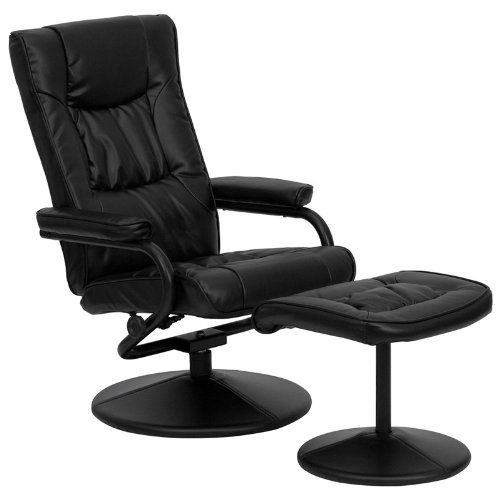 Flash Contemporary Black Leather Recliner and Ottoman with Leather Wrapped Base