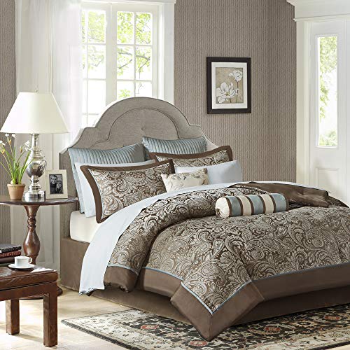 Madison Park Aubrey Cal King Size Bed Comforter Set Bed In A Bag - Blue, Brown , Paisley Jacquard - 12 Pieces Bedding Sets - Ultra Soft Microfiber Bedroom Comforters