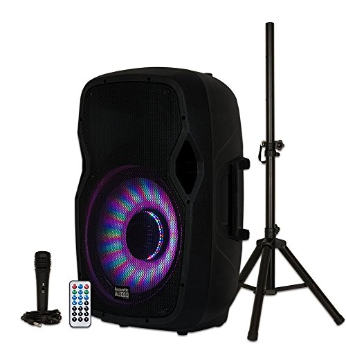Acoustic Audio by Goldwood Bluetooth LED Light Display Speaker Set - Includes Remote Control and Stand - 15 Inch Portable Sound System, 1000W - AA15LBS, Black, 16 x 14 x 27 Inches