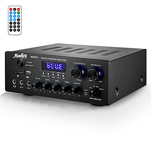 Moukey Home Audio Amplifier Stereo Receivers with Bluetooth 5.0, 220W 2 Channel Power Amplifier Stereo System, w/USB, SD, AUX, MIC in w/Echo, LED for Home Theater Speakers via RCA, Studio Use - MAMP1