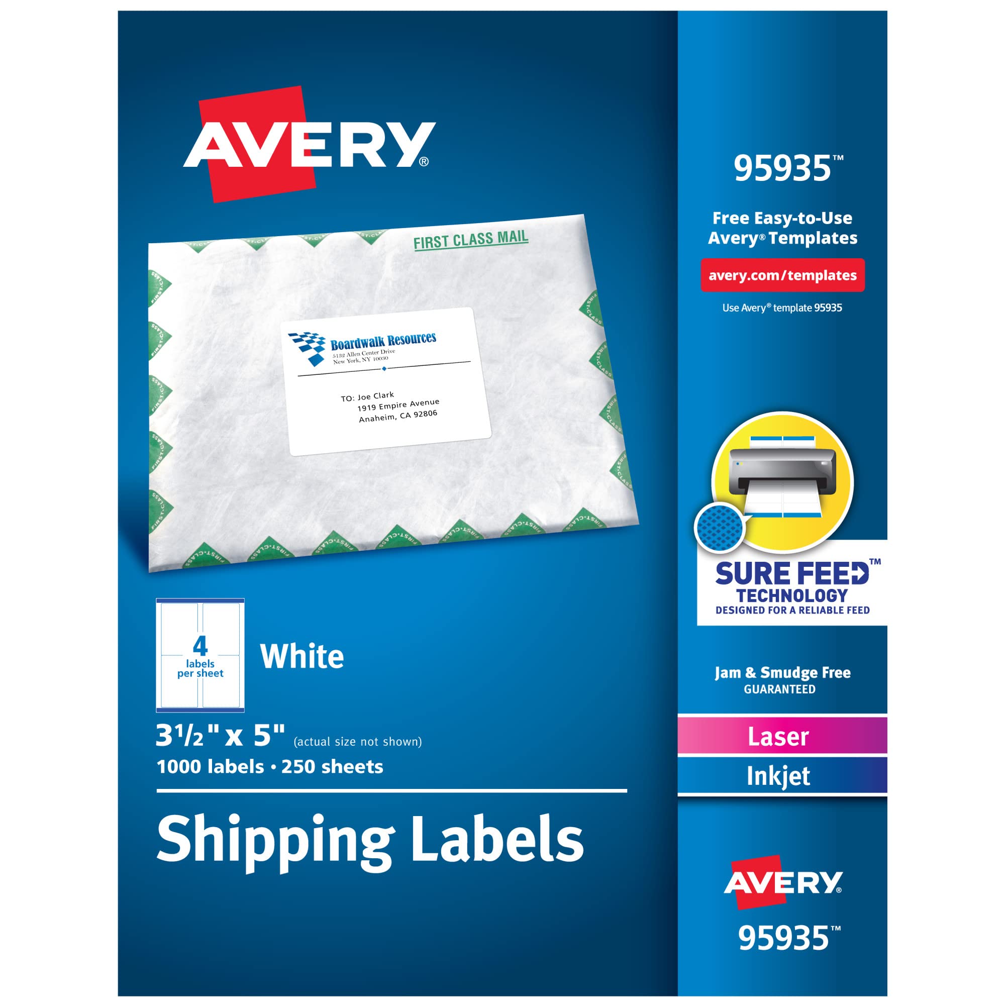 Avery Shipping Address Labels, Laser & Inkjet Printers, 1,000 Labels, 3-1/2 x 5, Permanent, 2 Packs (95935)