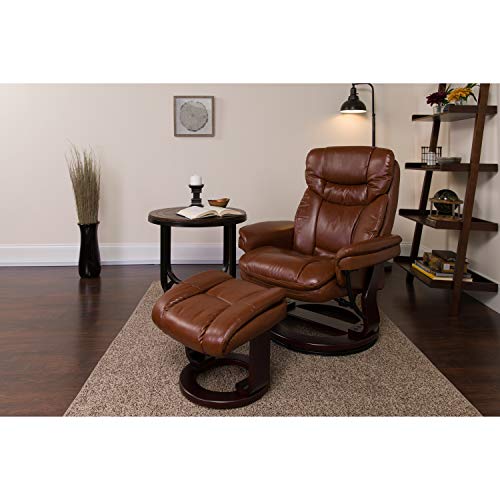 Flash Furniture Contemporary Multi-Position Recliner and Curved Ottoman with Swivel Mahogany Wood Base in Brown Vintage Leather
