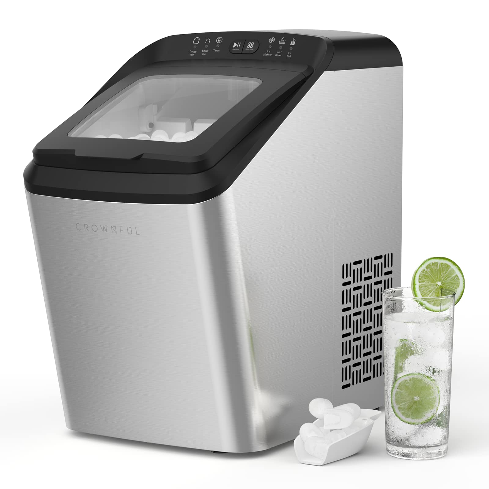 CROWNFUL Bullet Ice Maker Countertop, Portable Ice Machine, 9 Bullet Ice Cubes Ready in 7-10 Mins, 33 lbs Ice Cubes in 24H, 2 Size (S/L) Crunchy Ice, Automatic Self-Cleaning, with Ice Scoop and Basket