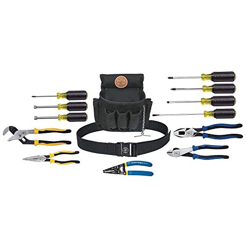 Klein Tools 92914 Tool Kit, Tool Set Includes Basic Tools, Pouch and Belt for Journeyman, Linesman, Professionals and Homeowners, 14-Piece