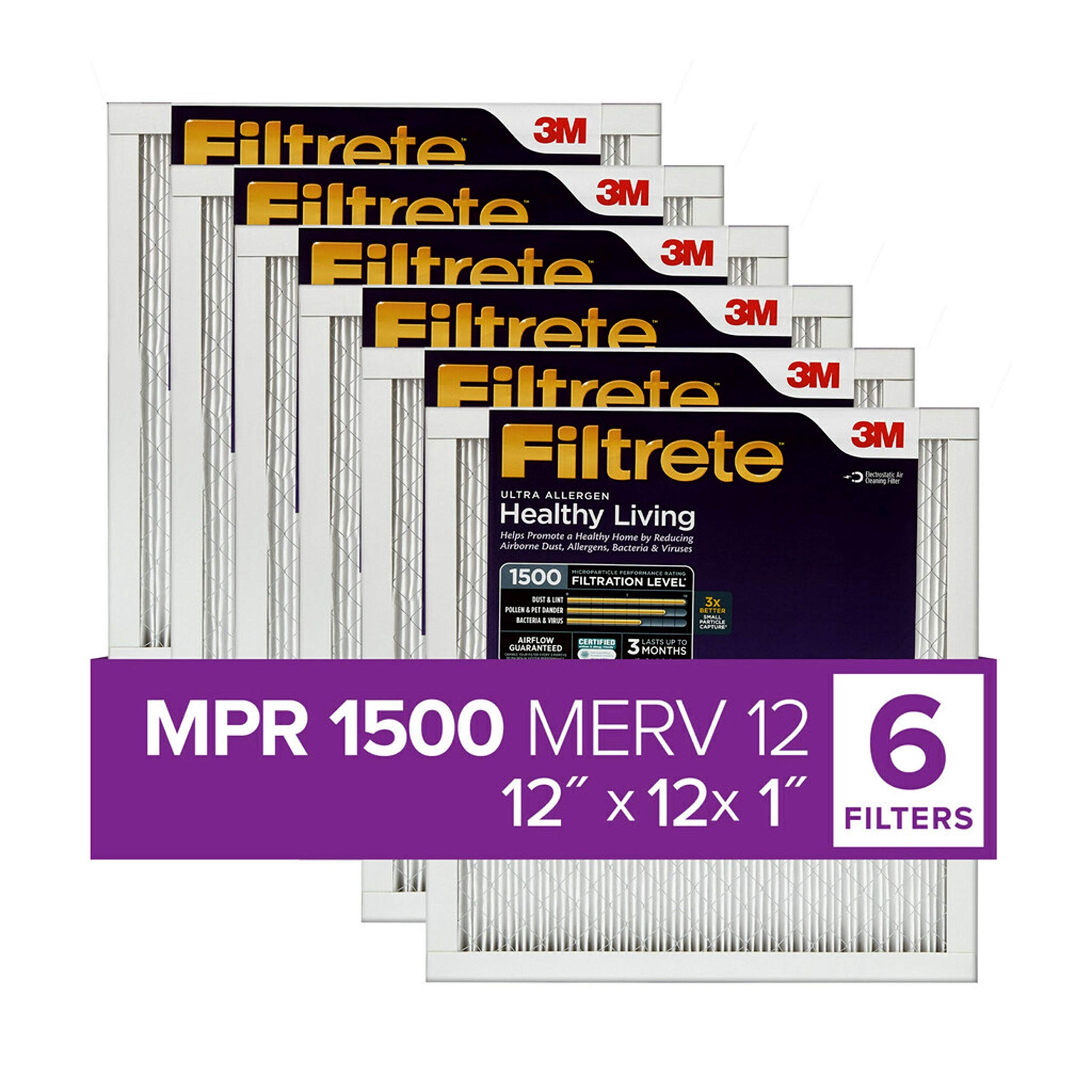 Filtrete 12x12x1 Air Filter, MPR 1500, MERV 12, Healthy Living Ultra-Allergen 3-Month Pleated 1-Inch Air Filters, 6 Filters