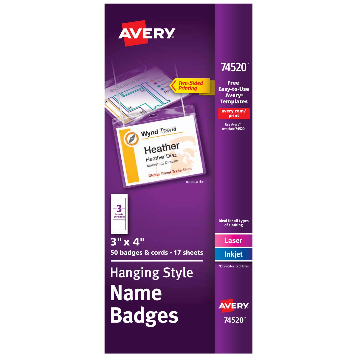 Avery 74459 Neck Hang Badge Holder w/Laser/Inkjet Insert