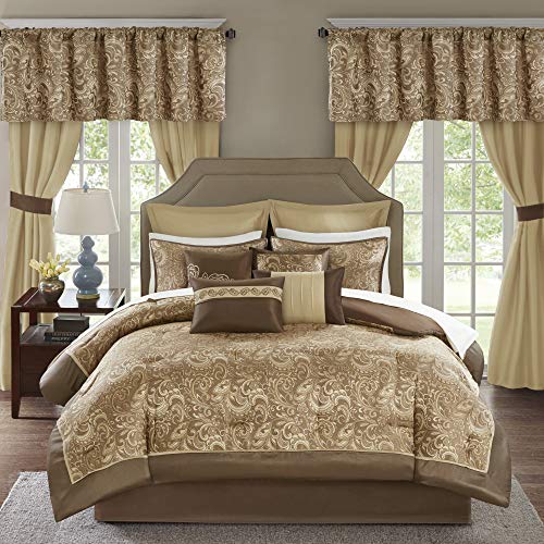 Madison Park Essentials Brystol 24 Piece Room in a Bag Faux Silk Comforter Jacquard Paisley Design Matching Curtains - Down Alternative Hypoallergenic All Season Bedding-Set, Queen, Brown