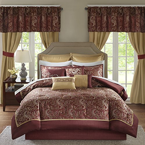 Madison Park Essentials Brystol King Size Bed Comforter Set Room in A Bag - Red, Gold, Jacquard Embroidered Paisley - 24 Pieces Bedding Sets - Faux Silk Bedroom Comforters