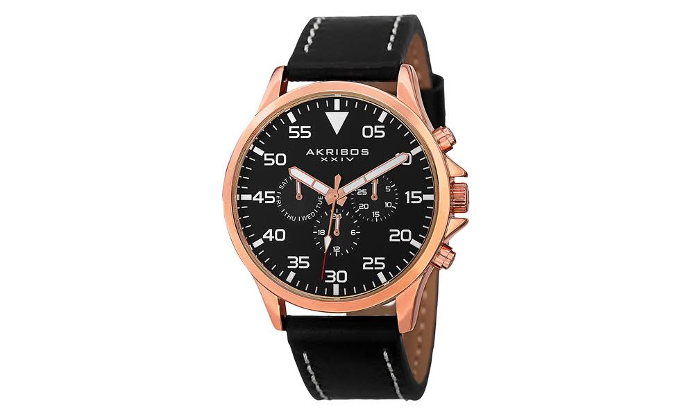 TWI Watches, LLC Akribos XXIV Men's AK773RGB Multifunction Swiss Quartz Movement Watch with Black Dial and Black with Cream Stitching Leather Strap