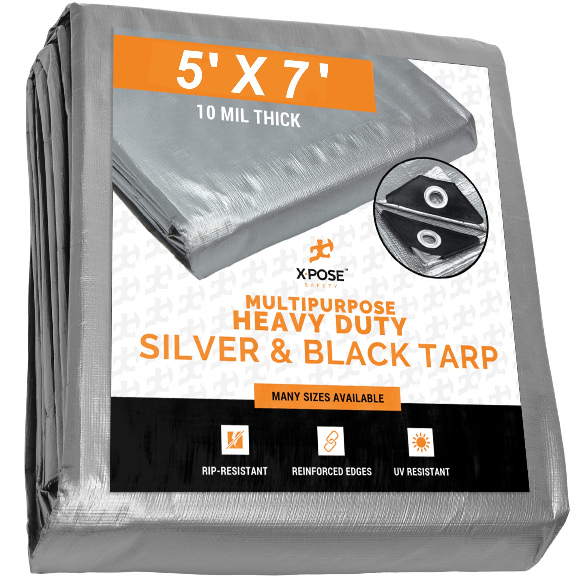 Xpose Safety Heavy Duty Poly Tarp - 10 Mil Thick Waterproof, UV Blocking Protective Cover - Reversible Silver and Black - Laminated Coating - Rustproof Grommets - by 