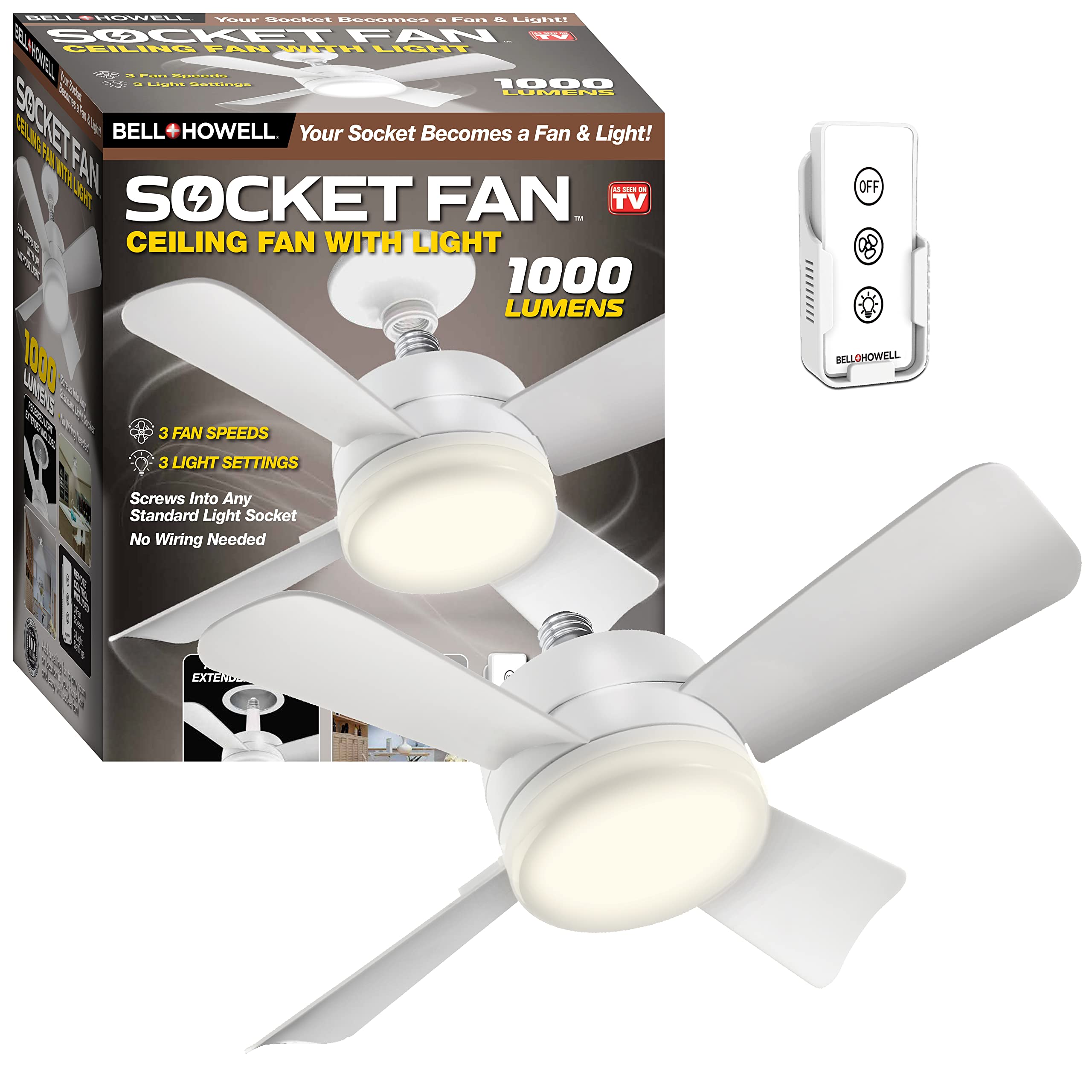  Bell+Howell Socket Fan Ceiling Fan with Light, 1000 Lumens Ceiling Fan with Light & Remote, Screws into Any Light Socket No Wiring Needed, 3 Fan Speeds 3 Light Settings, College Dorm Room Essentials...