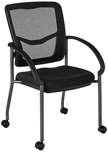 Office Star Breathable ProGrid Back and Padded Coal FreeFlex Seat, Contour Arms, Titanium Finish Stacking Visitors Chair with Casters, Black