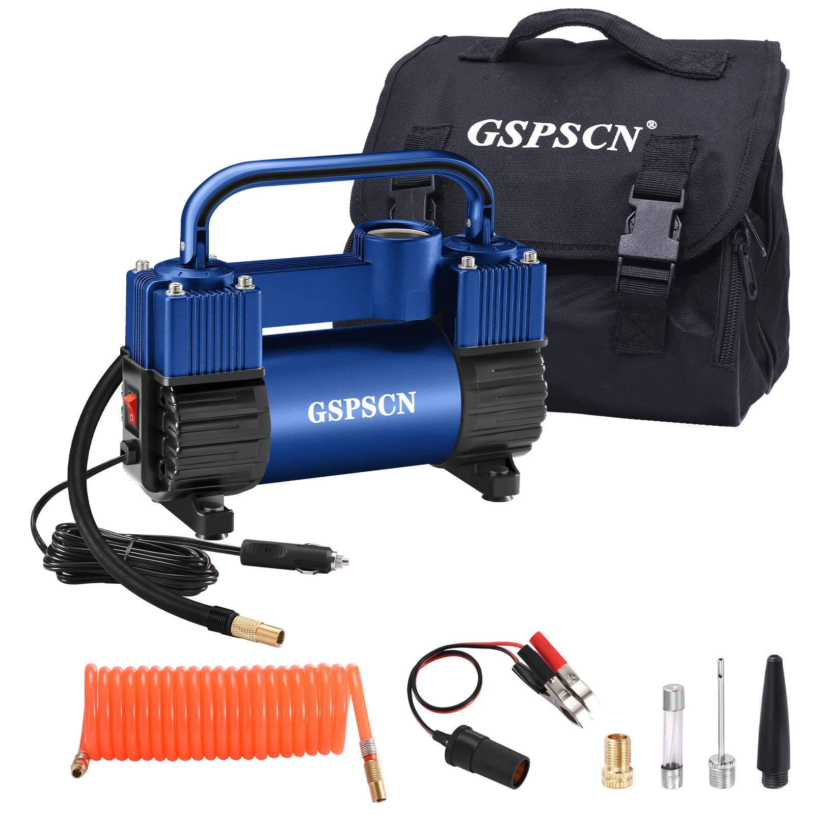 GSPSCN Tire Inflator Heavy Duty Double Cylinders, Portable Metal DC 12V Air Compressor, 150PSI Tire Pump with Adapter for Car, Truck, SUV Tires, Dinghy, Air Bed etc