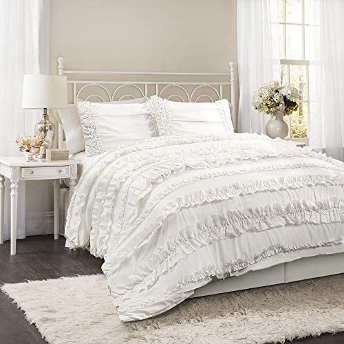Triangle Home Fashions Lush Decor Belle 4 Piece Ruffled Shabby Chic White Comforter Set with Bed Skirt and 2 Pillow Shams - Queen Comforter Set
