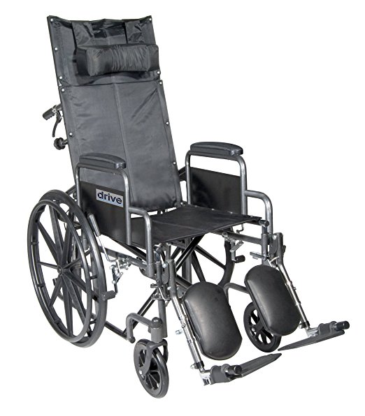 Drive Medical Silver Sport Reclining Wheelchair with Detachable Desk Length Arms and Elevating Legrest, Silver Vein, 18